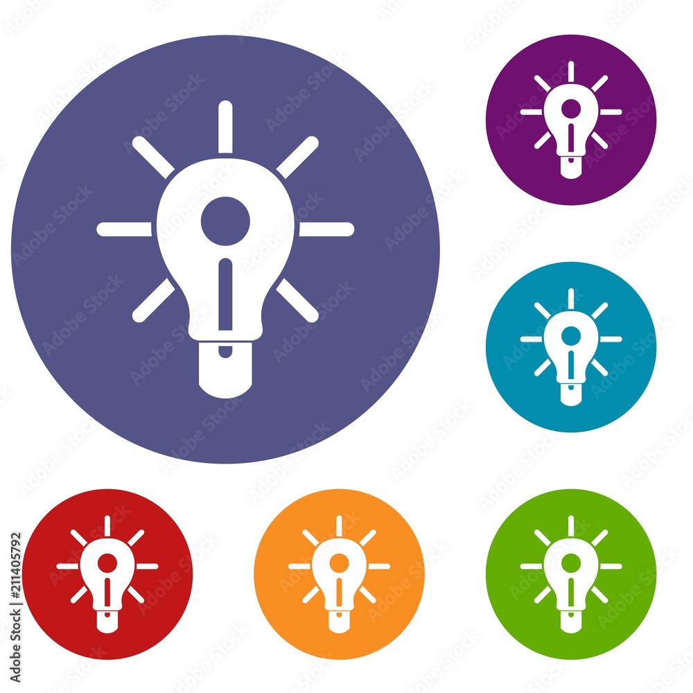 Glowing light bulb icons set in flat circle red, blue and green color for web