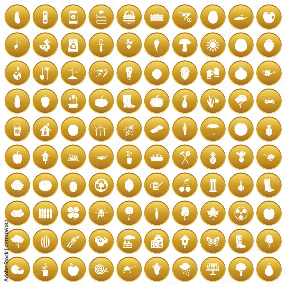 100 garden icons set in gold circle isolated on white vector illustration 100 garden icons set in gold circle isolated on white vector illustration