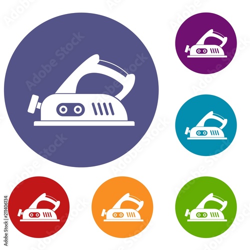 Jack plane icons set in flat circle red, blue and green color for web