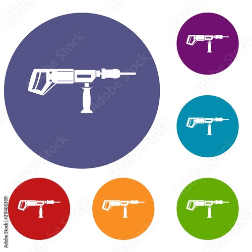 Electric drill, perforator icons set in flat circle red, blue and green color for web