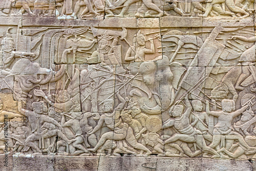 Bayon temple wall carvings at Angkor Thom in Cambodia