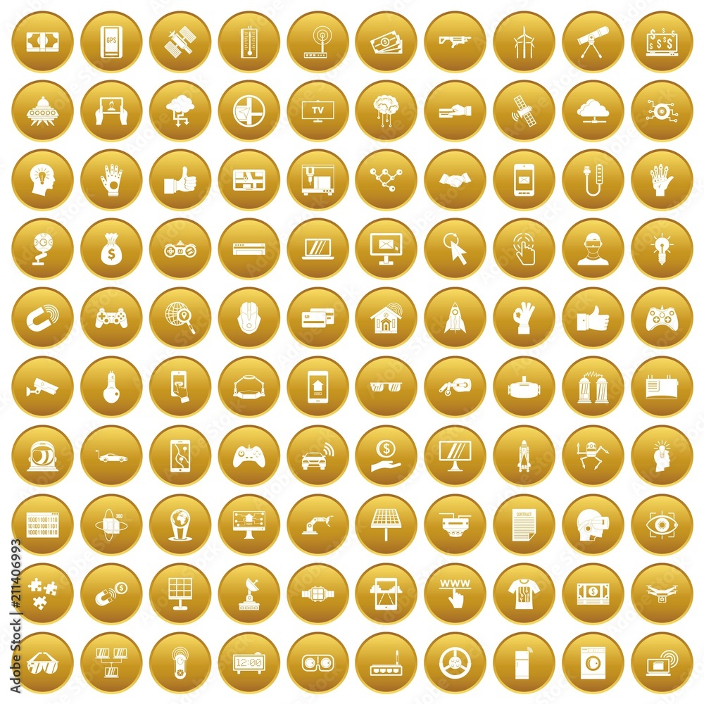 100 hi-tech icons set in gold circle isolated on white vector illustration 100 hi-tech icons set in gold circle isolated on white vector illustration
