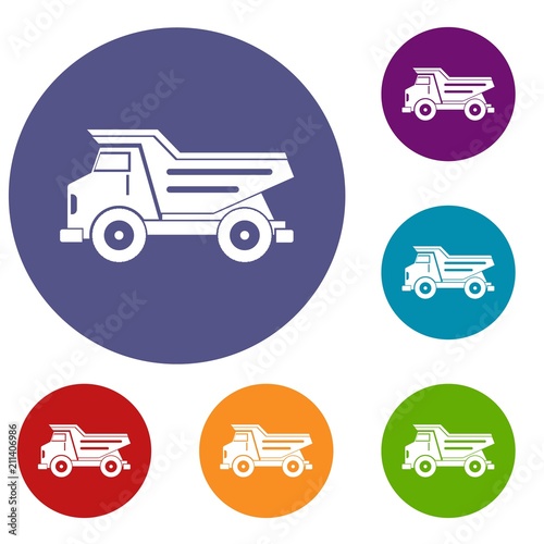 Dump truck icons set in flat circle red, blue and green color for web