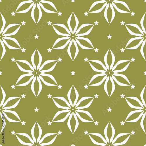 White floral seamless pattern on olive green background