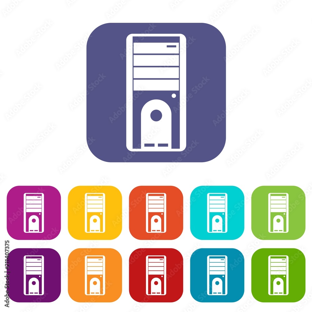 Computer system unit icons set vector illustration in flat style in colors red, blue, green, and other Computer system unit icons set vector illustration in flat style in colors red, blue, green, and other