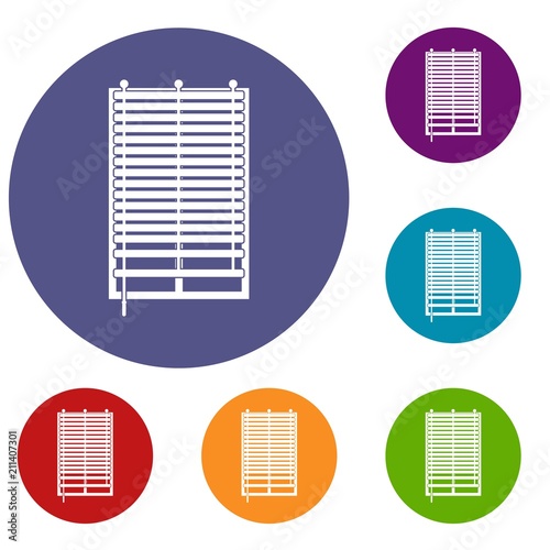 Window with wooden jalousie icons set in flat circle red, blue and green color for web