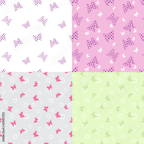 Set of seamless patterns with butterflies. Swatches is included. Appropriate for textile, packing materials, website backgrounds, wallpaper, kids stuff.