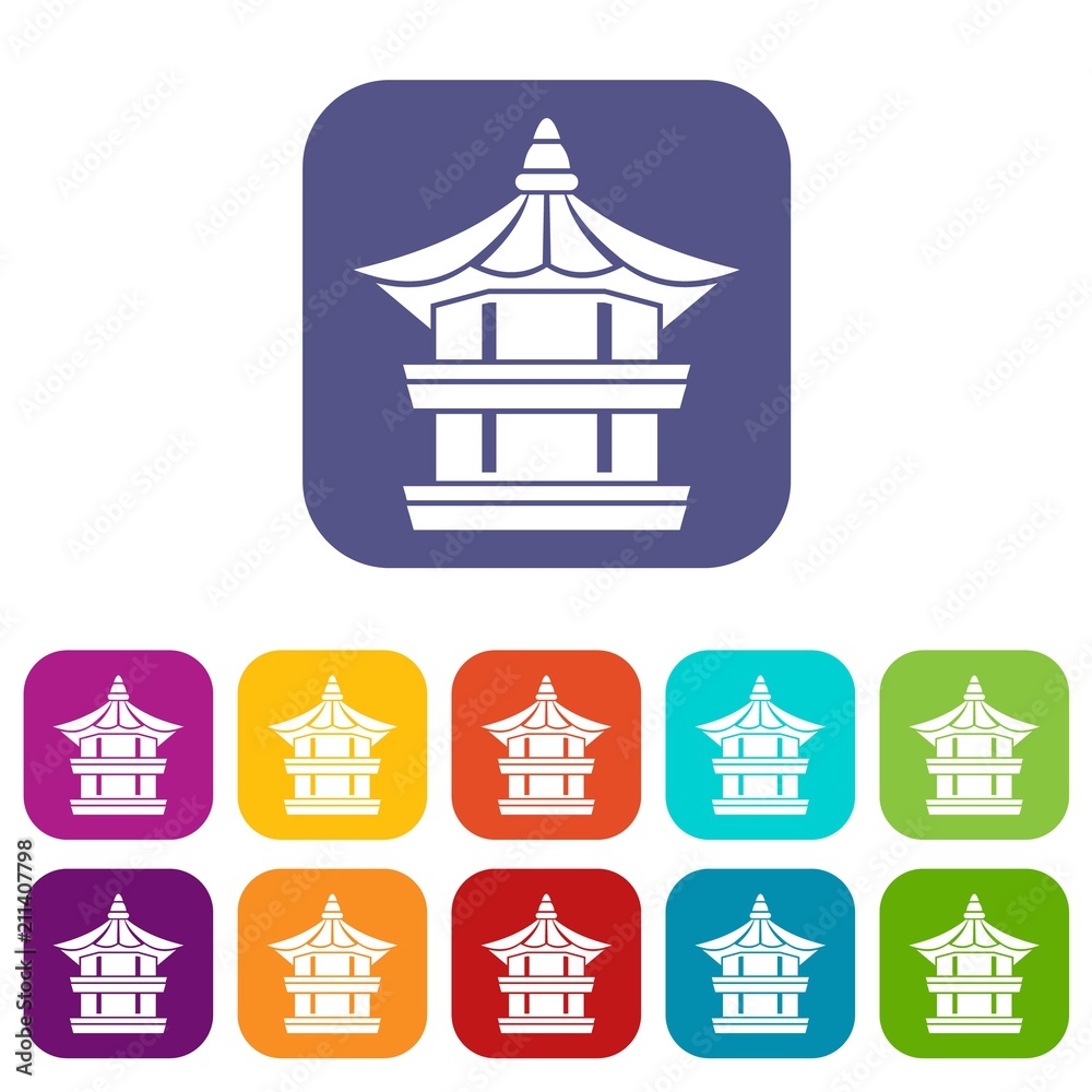 Traditional korean pagoda icons set vector illustration in flat style in colors red, blue, green, and other Traditional korean pagoda icons set vector illustration in flat style in colors red, blue, green, and other