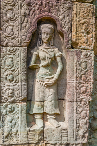 Carvings on the wall at Ta Som a small temple at Angkor, Cambodia,