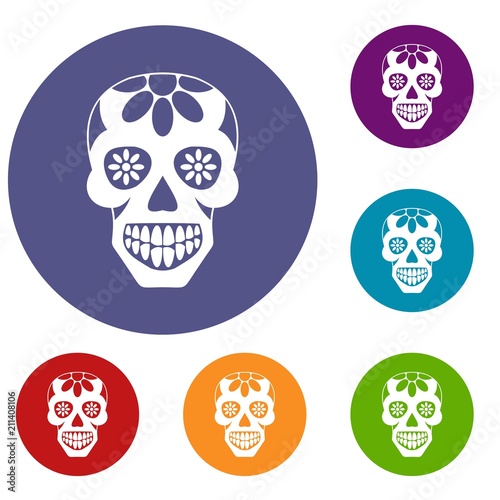 Sugar skull, flowers on the skull icons set in flat circle red, blue and green color for web