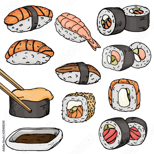 Set with different types of sushi and rolls, famous Japanese dishes on a white background. Colorful vector illustration in sketch style.