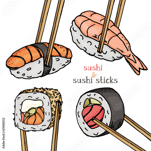 Set with different types of sushi and rolls on white background. Famous Japanese dishes with sushi sticks. Colorful vector illustration in sketch style.