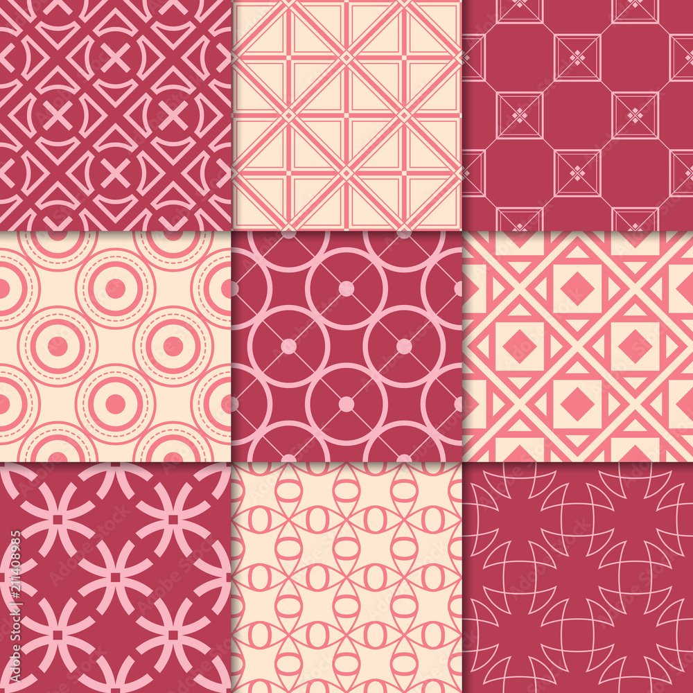 Cherry red and beige geometric ornaments. Collection of seamless patterns
