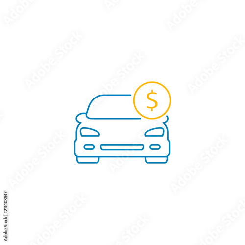 Car with coin icon vector. Buying car web button in flat style. Save money for buying car illustration