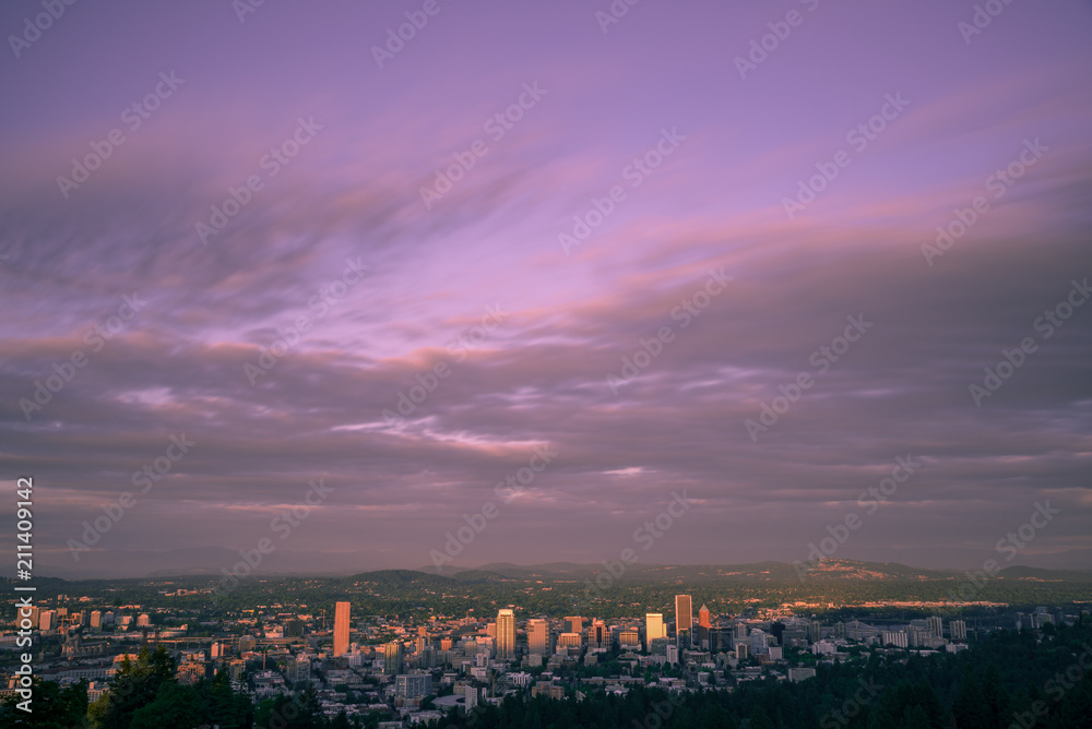 Summer sunset over the city of Portland Oregon