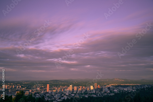 Summer sunset over the city of Portland Oregon