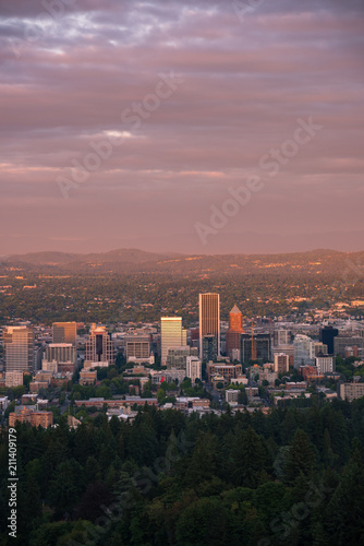 Subtle pink sunset over the city of Portland  Oregon