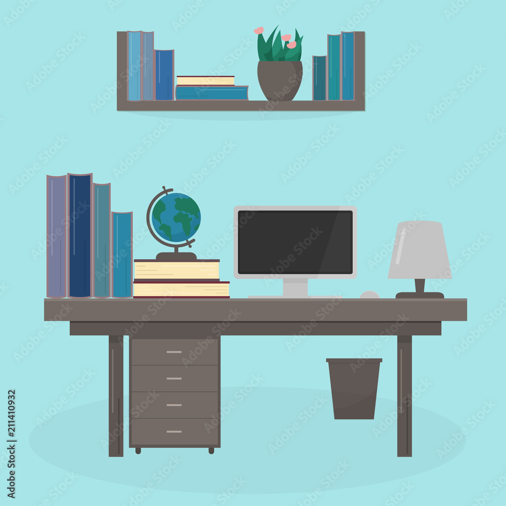Vector illustration in flat style of table with computer, books, lamp and globe on it, bookshelf. Workplace of the student. Room or office interior. Education and learning concept. Vector illustration in flat style of table with computer, books, lamp and globe on it, bookshelf. Workplace of the student. Room or office interior. Education and learning concept.