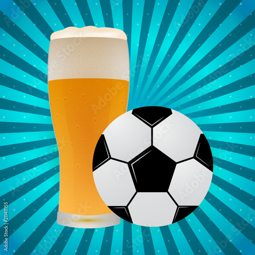 Soccer ball and glass of beer on a bright blue background with rays of light. Football fan concept. Sport bar banner. Template for your design projects.