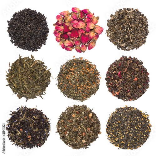 A set of dry herbal and floral tea. Green, black, composition teas isolated on white background.