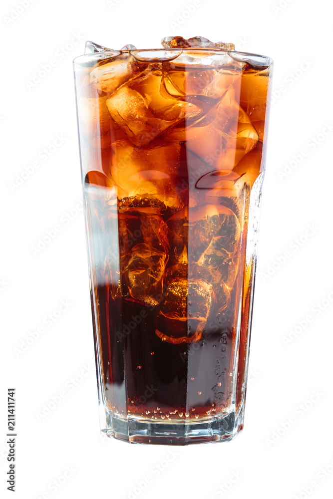 fizzy drink with ice in glass isolated on white background