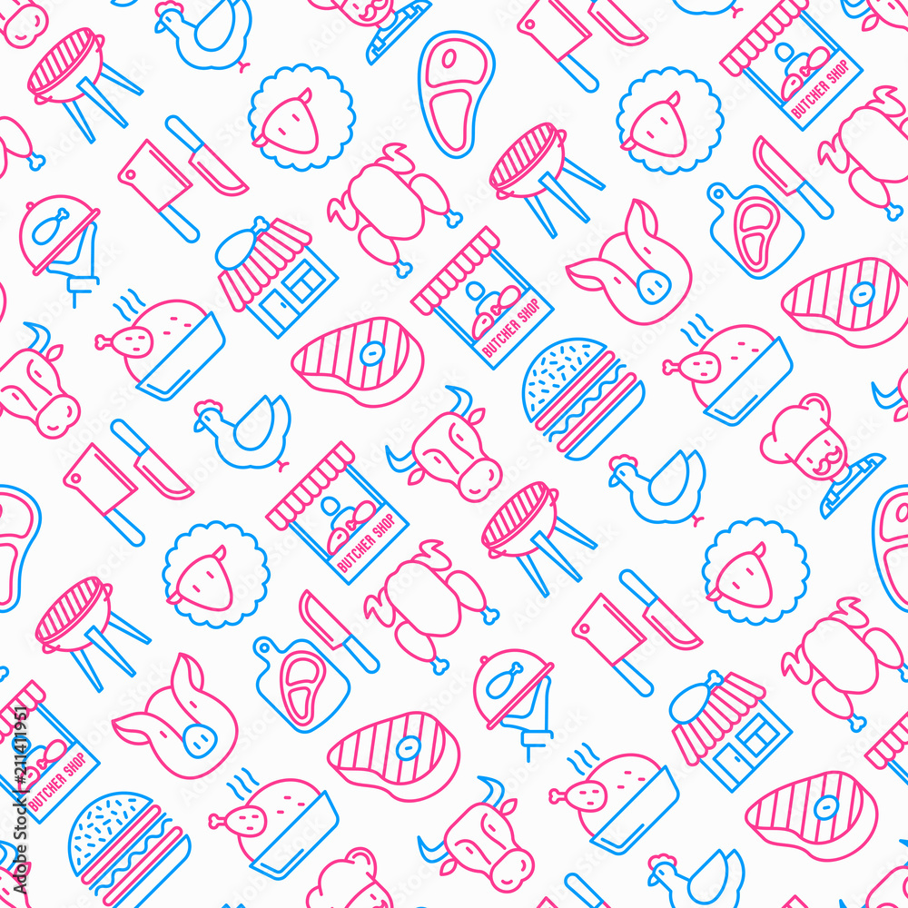 Butcher shop seamless pattern with thin line icons: meat steak, beef, pork, mutton, BBQ, chicken, burger, cutting board, meat knives. Modern vector illustration.