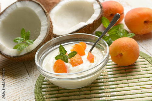 coconut dessert with sliced apricot