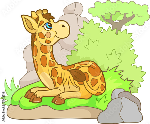 cartoon cute giraffe lies on the ground, funny illustration
