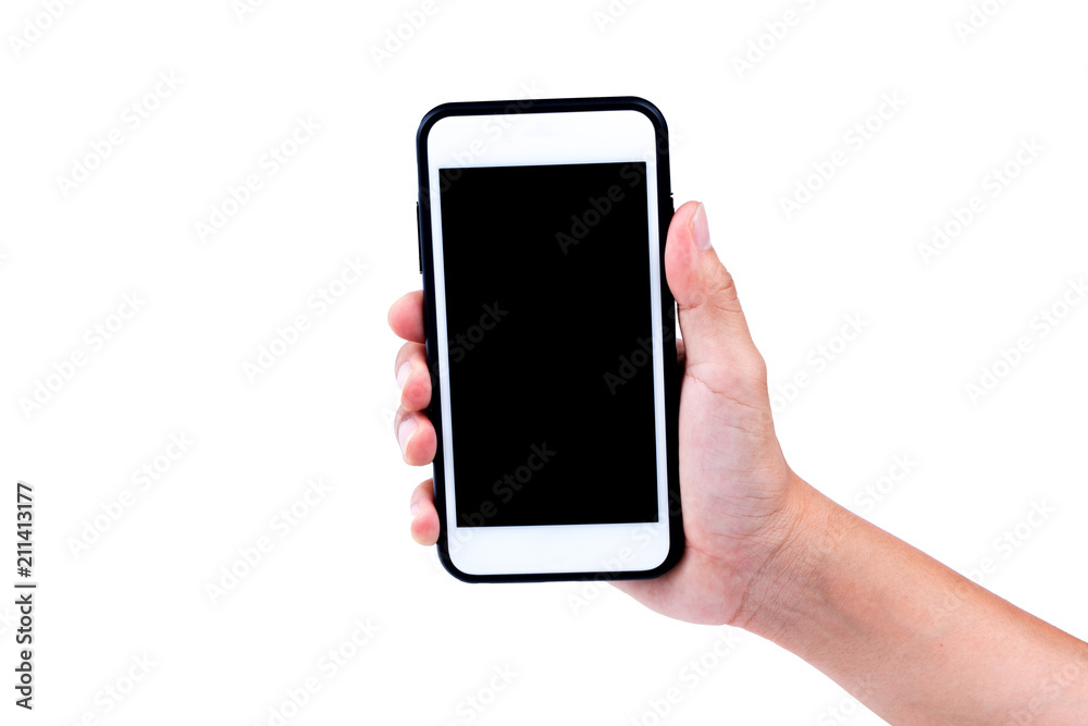 Hand holding Smartphone with blank screen on white background. Isolated on white background. Hand holding Smartphone with blank screen on white background. Isolated on white background.