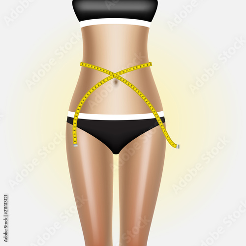 Woman body with measure tape. Lady is measuring her waist with a tape measure in centimeters and millimeters. Isolated image.