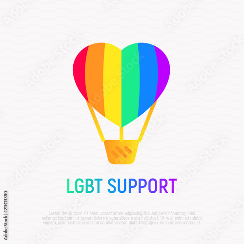 LGBT support icon: aerostat with rainbow balloon in heart shape. Modern vector illustration with gradient.