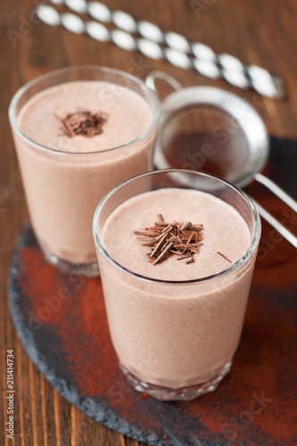 Iced drink with cocoa powder, banana, almond milk