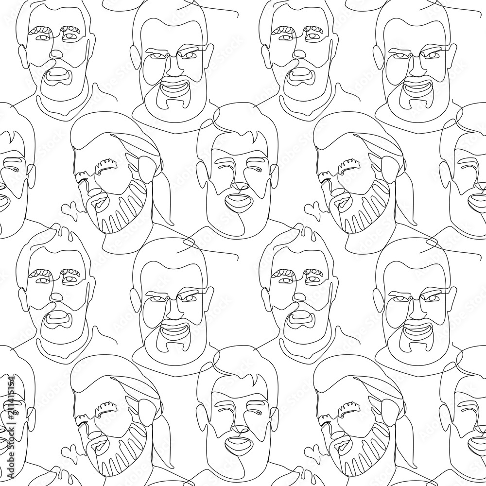 Seamless Pattern with Bearded Man Portrait One Line Art. Male Facial Expression. Hand Drawn Linear Man Silhouette Background. Vector illustration Seamless Pattern with Bearded Man Portrait One Line Art. Male Facial Expression. Hand Drawn Linear Man Silhouette Background. Vector illustration