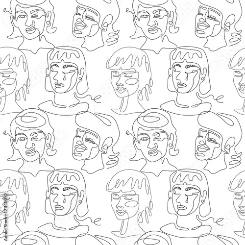 Seamless Pattern with Woman Faces One Line Art Portrait. Female Facial Expression. Hand Drawn Linear Woman Silhouette Background. Vector illustration