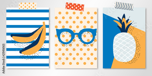 Set of vector summer cards with bananas, pineapple and glasses. All isolated and layered