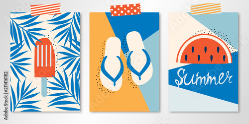 Set of three taping vector summer cards with ice cream in palm leaves, sandals and watermelon. All isolated and layered
