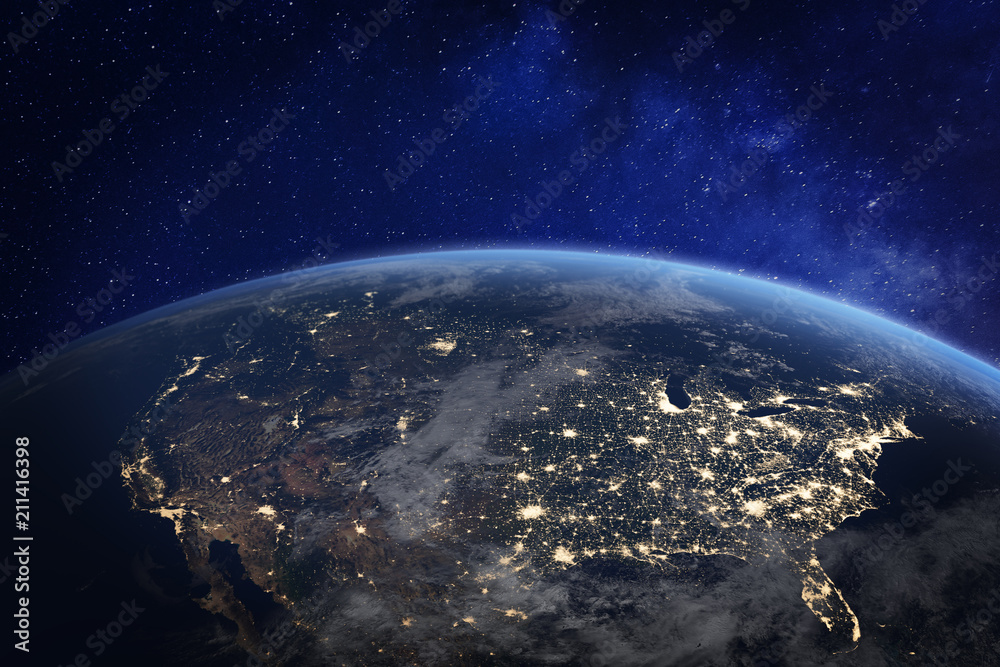 Fototapeta Ameryka Północna nocą oglądana z kosmosu z lampkami pokazującymi działalność człowieka w Stanach Zjednoczonych (USA), Kanadzie i Meksyku, Nowym Jorku, Kalifornii, renderingu 3D planety Ziemi, elementy z NASA