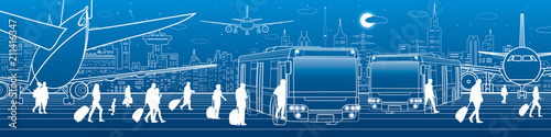 Airport panorama. Passengers enter and exit to the bus. Aviation travel transportation infrastructure. The plane is on the runway. Night city on background, vector design art