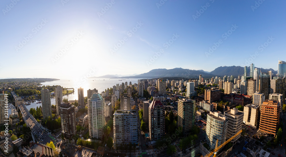 Vancouver, British Columbia, Canada - May 11, 2018: Aerial Panorama of the beautiful modern city during the sunny day.