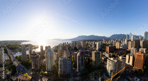 Vancouver  British Columbia  Canada - May 11  2018  Aerial Panorama of the beautiful modern city during the sunny day.