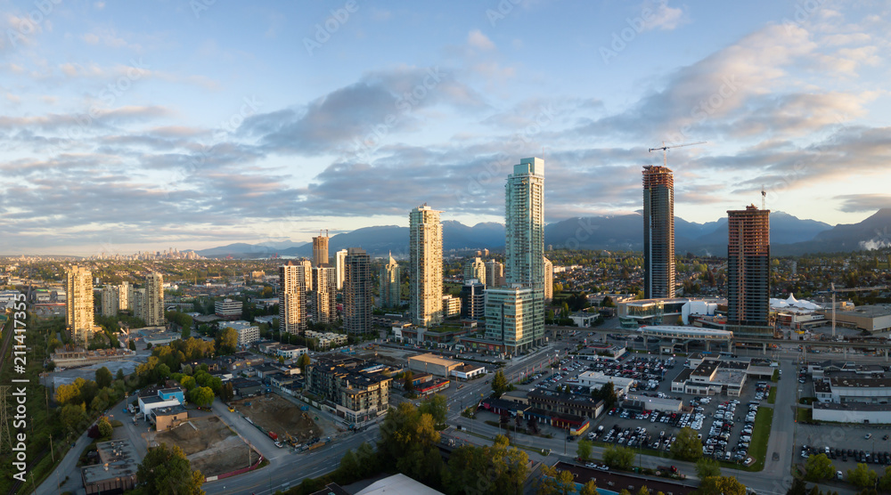 Aerial panoramic view of Residential Buildings and Construction Sites around Brentwood Mall. Taken in Burnaby, Greater Vancouver, BC, Canada.
