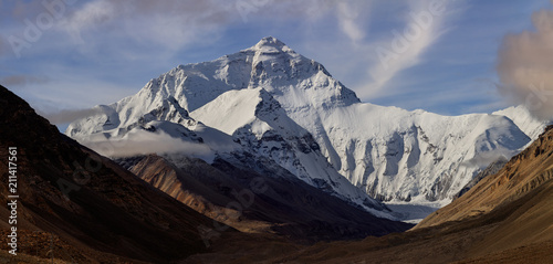 Mount Everest as seen from Base Camp in Tibet. Highest mountain in the world photo