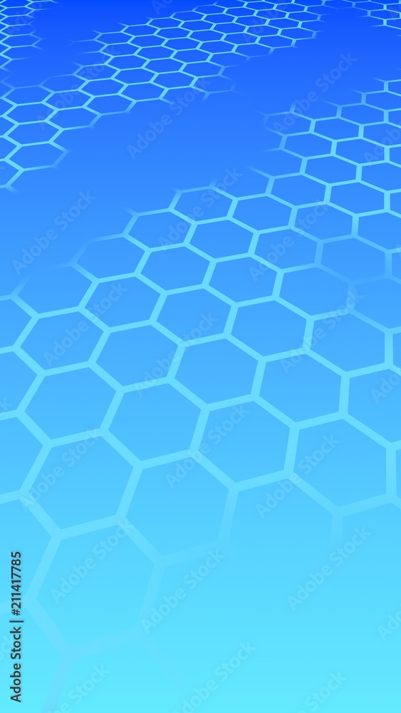 Translucent honeycomb on a gradient blue sky background. Perspective view on polygon look like honeycomb. Isometric geometry. Vertical image orientation. 3D illustration Translucent honeycomb on a gradient blue sky background. Perspective view on polygon look like honeycomb. Isometric geometry. Vertical image orientation. 3D illustration
