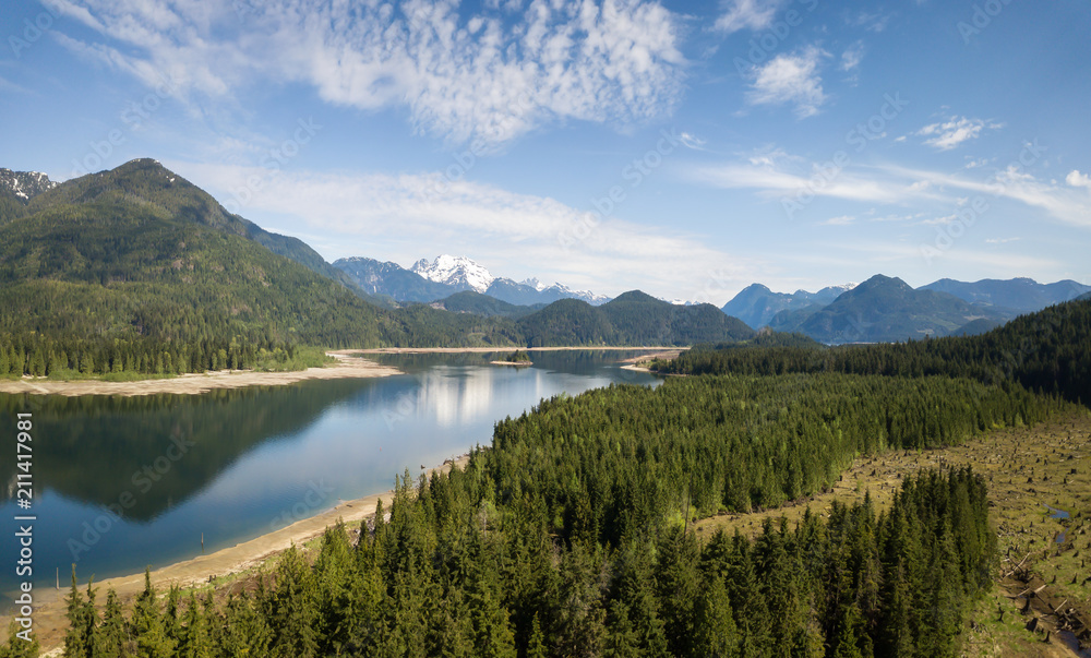 Aerial drone landscape view of the beautiful Canadian Nature during a vibrant sunny morning. Taken in Stave Lake, East of Vancouver, BC, Canada.