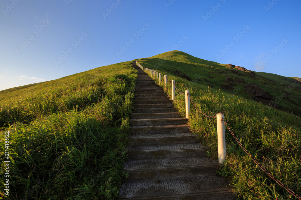 © Cedar - Path/Trail leading to the top of a hill - green grass, blue sky, background image with open space.