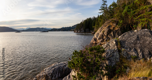 Beautiful panoramic view of the rocky coast viewed from Lighthouse Park. Taken in Horseshoe Bay, West Vancouver, British Columbia, Canada.