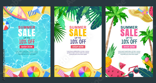 Summer sale vector poster, banner template. Season backgrounds. Tropical frame with sand beach, water, leaves and fruits