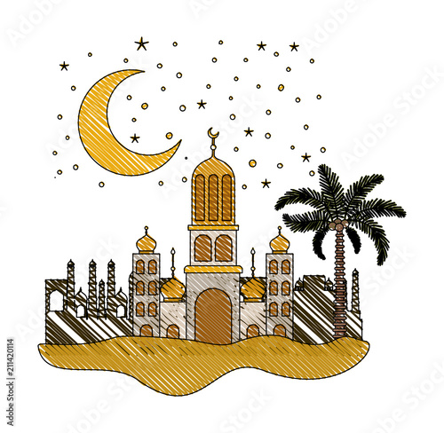 arabic castle with moon in the night scene vector illustration design
