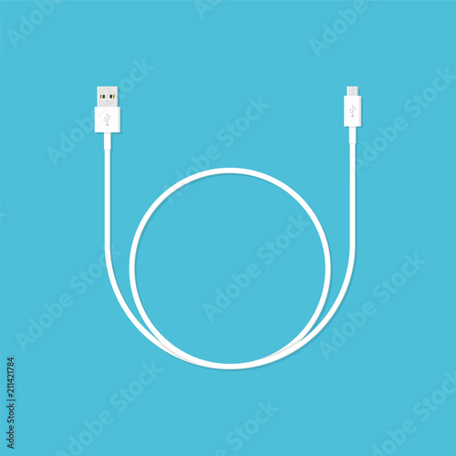 White USB cable. Vector illustration in flat style