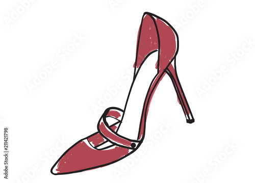 High heel shoe. Red stiletto vector illustration isolated on white. Hand drawn design element. Feminine, women, shoe sketch for cards, stickers, scrapbooking, stationery and more. Fashion, style.